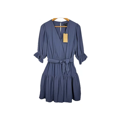 卤素女式连衣裙小号蓝色 100% 聚酯纤维短袖荷叶边休闲迷你 — 第 1/4 张图片