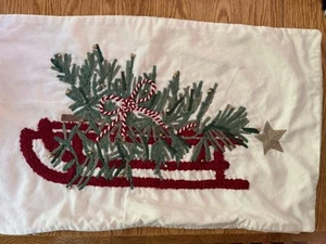 POTTERY BARN CHRISTMAS TREE SLED EMBROIDERED LUMBAR PILLOW COVER IVORY 16 X 26 - Picture 1 of 4