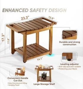 Shower Bench Seat with Storage Shelf, Natural Wood Shower Bench - Picture 1 of 6