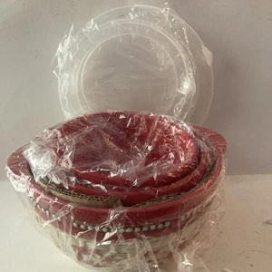 Temp-tations Bakeware by Tara Red Floral Lace Prep Bowls 3 Piece set W Lids New - Picture 1 of 11