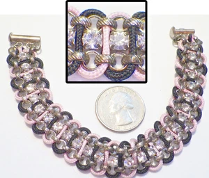 Auffallende Cup-Kette Strass/Rosa & Schwarz geflochtene Kordel, Röhrenverschluss Armband 7,5" - Bild 1 von 6