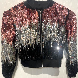 H&M Girls Sequin Zip up Crop Jacket ~Size 9~Pink, Silver & Black~A Star is Born! - Picture 1 of 7