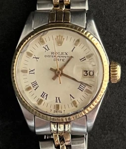 Vintage Rolex Date Lady 2Tone 14K Yellow Gold Steel Watch White Roman Dial 6519 - Picture 1 of 18