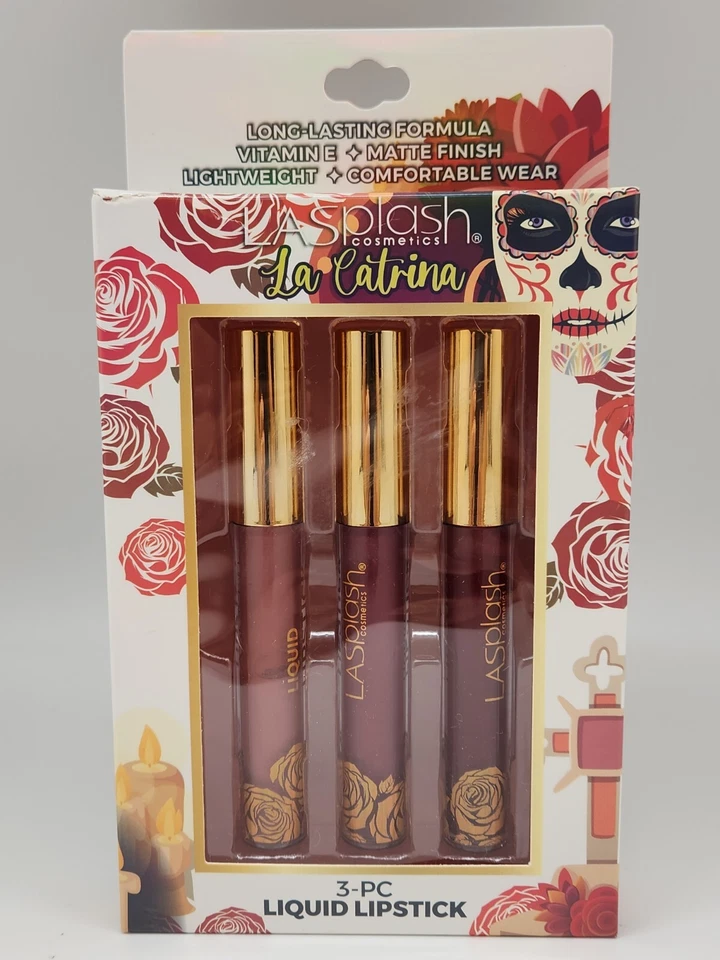 3 PC LASplash Dia De Los Muertos Liquid Lipstick La Catrina Dark Red Wine Mauve - Image 1 of 3