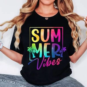Summer Vibes T-Shirt, Glitter Beach, Tropical Sunset, Retro Summer - Picture 1 of 3