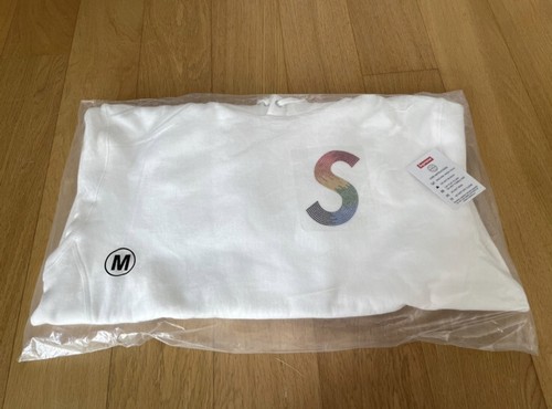 Felpa con cappuccio Supreme Swarovski logo S bianca taglia M *a mano*