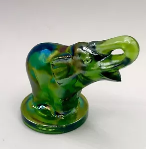 Green Art Glass Elephant Iridescent Oil Slick Figurine Trunk Up 3” - Picture 1 of 7