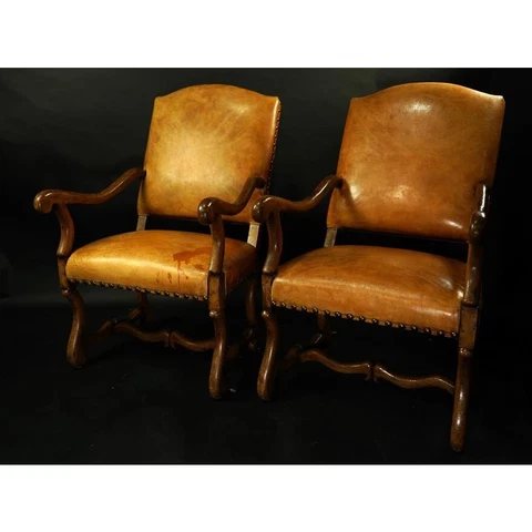 PR LATE 20TH C LOUIS XIV STYLE WALNUT LEATHER UPHOLSTERED ARMCHAIRS (AF2-180) Cover