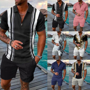 Mens Summer Outfit 2-Piece Set Short Sleeve Shirts and Shorts Sweatsuit Set Size
