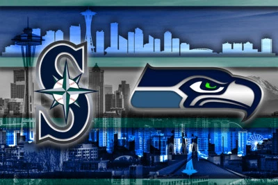 SEATTLE WASHINGTON Sports Poster, Seattle Mariners & Seahawks NFL Free Ship Us - Image 1 of 4