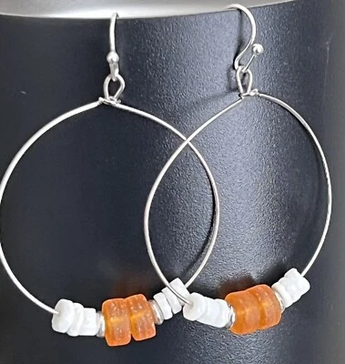 Silver, Orange Sea Glass and Heishi Shell Dangle Hoop Earrings. Beach. - Image 1 of 3