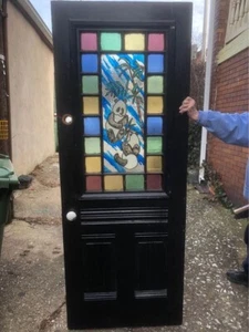 21-Pane Queen Anne Victorian Stained Glass Entry Door with Original Hardware - Picture 1 of 10