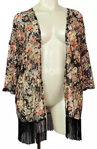 Sheer lace fringed duster, pink orange black floral 1920s style SCARLETT 3X plus - Picture 1 of 10