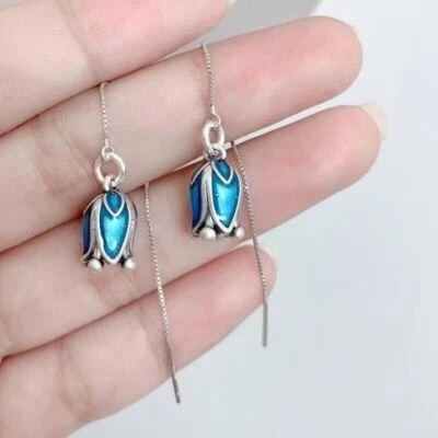 925 Silver Plated Enamel blue flower Earrings Tassel Dangle Drop Vintage Jewelry - Image 1 of 4