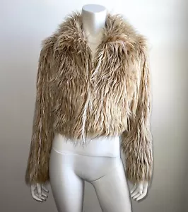 Vintage Bebe Faux Fur Cropped Coat Jacket Crop Medium Small Y2K Diva Beige - Picture 1 of 7