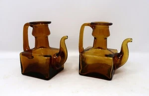 Vintage Set Of 2 Small Decanter Cruet Amber - Retro - Picture 1 of 10