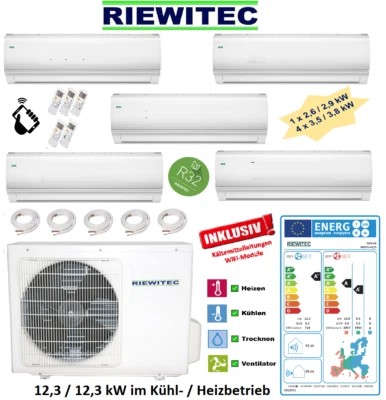 5-er RIEWITEC Split Klimaanlage (1x2,6 + 4x3,5 kW) 12,3 KW, WiFi u. 5 m Leitung - Bild 1 von 4