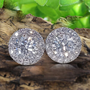 1 Ct Round Moissanite Lab Grown Diamond Halo Stud Earrings Solid Sterling Silver