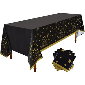 60th Birthday Disposable Tablecloth 4 Pack Gold And Black Waterproof Plastic Tab - Picture 1 of 7