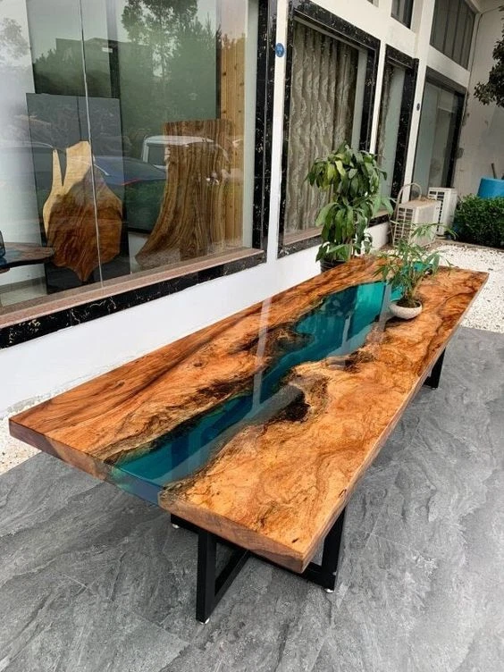 Clear Epoxy River Console Table Top, Epoxy Wooden Live Edge Counter Desk Decor - Image 1 of 4