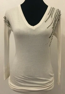 Vintage Cache Womens Pullover 3/4 Sleeve V-Neck Sweater Small White Embellished  - Picture 1 of 10