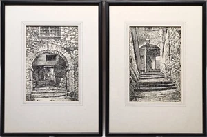 F. HODGSON PAIR ORIGINAL PEN & INK DRAWINGS, ARCHWAY/GATE SCENES, SIGNED, FRAMED - Picture 1 of 24