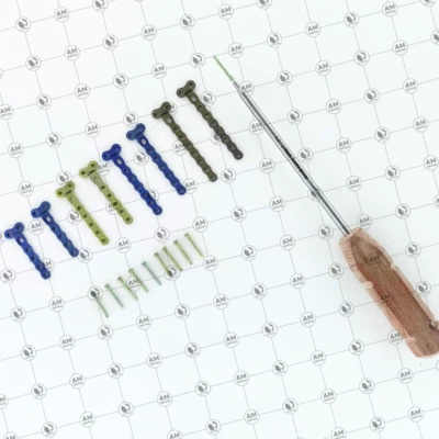 AM ORTHO IMPLANTS Veterinary 2.0mm Locking 2 Hole Head T Plates with Locking Screws 69 Pcs Set Ti