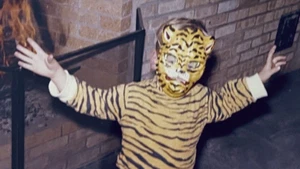 1970 Vintage Halloween Photo of Kid in Tiger Costume Mask Outfit 3.5" x 5" - Picture 1 of 5
