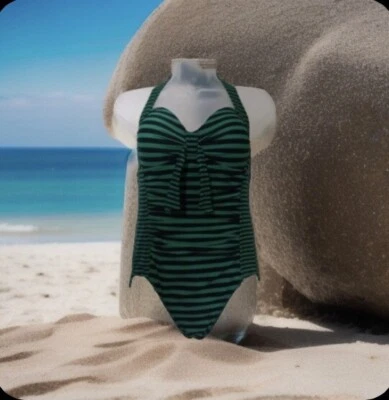 Traje de baño retro halter de una pieza a rayas verdes y negras Merona (talla: S/P. Foto 1 de 4