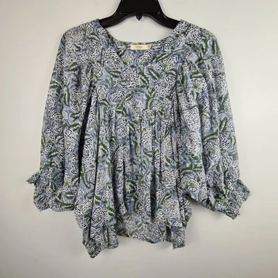 Dolma Boho Floral Print Long Sleeve Tunic Blouse Top One Size Semi Sheer Anjou - Image 1 of 4