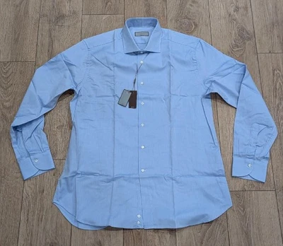 $395 Mens CANALI Textured Cotton Dress Shirt Light Blue 45 US 17.75 Slim - Image 1 of 4