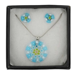 GlassOfVenice Murano Glass Millefiori Necklace and Earrings Set - Round Blue - Picture 1 of 7