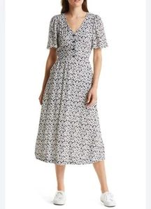 & OTHER STORIES Fit Flare Short Sleeve Button Through Midi Dress 12 Blue White - Picture 1 of 13