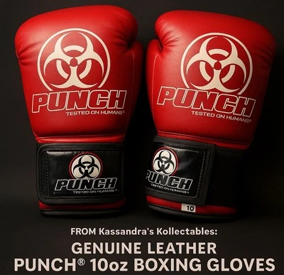 🥊 PUNCH Boxing Gloves 10oz. ‘Tested on Humans’ Biohazard Design. Red Leather - image 1 of 4