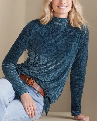 Top para mujer Soft Surroundings Walden terciopelo cuello alto floral azul azulado pequeño M Foto 1 de 4