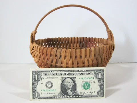 Miniature Woven Basket Signed 8" Splint Handle Cover