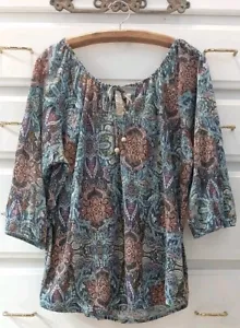 Bongo Plus 2X Tunic Top Multicolor Paisley Crochet Back Tassel V-Neck 3/4 Sleeve - Picture 1 of 6