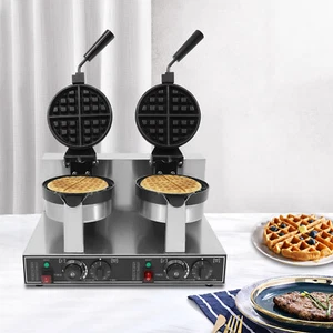 2400 W Doppelkopf Antihaft Frühstück Rund Belgisches Waffeleisen Gewerbe - Bild 1 von 8
