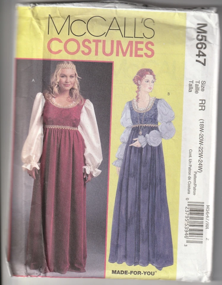 McCalls Sewing Pattern M5647 Renaissance Costume Dress  Size 18W-24W UNCUT - Image 1 of 1