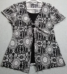 Dressbarn Top Women’s 8 Black White Floral Short Sleeves Blouse Jersey Stretch - Picture 1 of 11