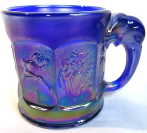 COBALT BLUE~IMPERIAL GLASS~CARNIVAL GLASS NURSERY RHYME MUG WITH ELEPHANT HANDLE - Picture 1 of 10