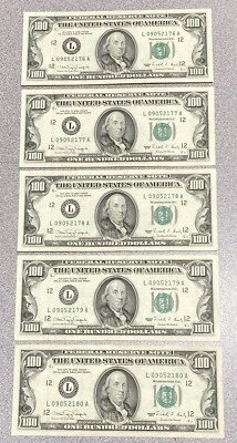 Five Consecutive $100 Bills, 1990, Uncirculated - Image 1 of 2