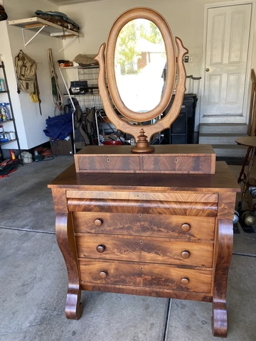 200 yrs. old. pre civil war Antique Empire Flaming Mahogany Dresser Chest Mirror Cover