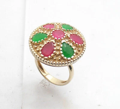 Anillo Technibond Chapado en Oro Amarillo 14K Piedras Preciosas Esmeralda Rubí Real Talla 7 Foto 1 de 4