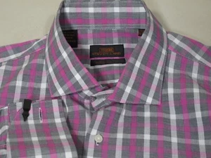 Steven Land Gingham Check Dress Shirt 17.5 x 36 Lavender Pink Gray White Cotton - Picture 1 of 3