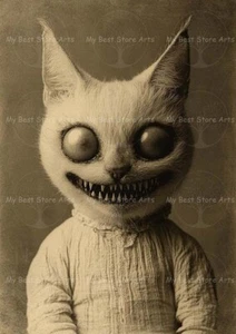 CREEPY CAT FACE MASK ART PRINT – Fantasy Decor – Animal Gothic Halloween Poster - Picture 1 of 2