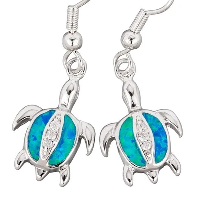 Pendientes colgantes de plata ópalo de fuego azul océano tortuga marina joyería Foto 1 de 4