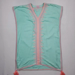 Lilly Pulitzer Cover Up Womens S/M Aqua Pink Embroidered Tassel Kaftan Poncho - Picture 1 of 12