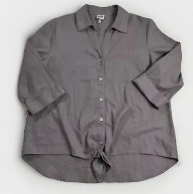 Blusa para mujer Anne Klein con botones delanteros corbata talla grande mangas con puños mezcla de lino Foto 1 de 4