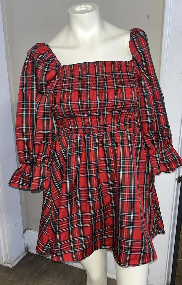 Francesca’s Holiday Red Plaid Smocked Top Mini Dress - Women’s US Medium New NWT - Image 1 of 4